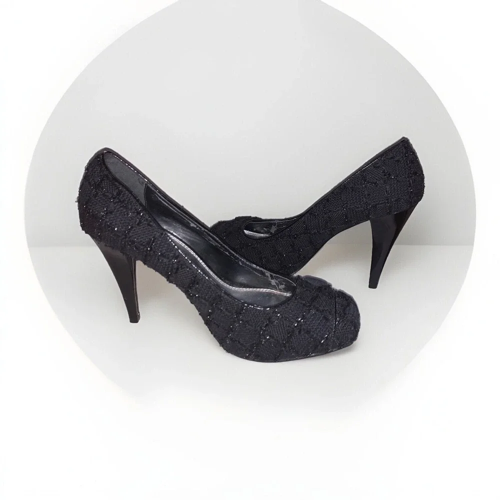 White House Black Market Edison Pumps Womens 8.5 Black Tweed Metallic Heels Glam
